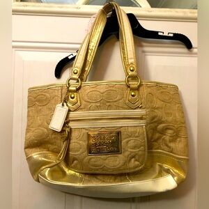 Gold Coach AOP Poppy Handbag Purse Burlap feel *flaw